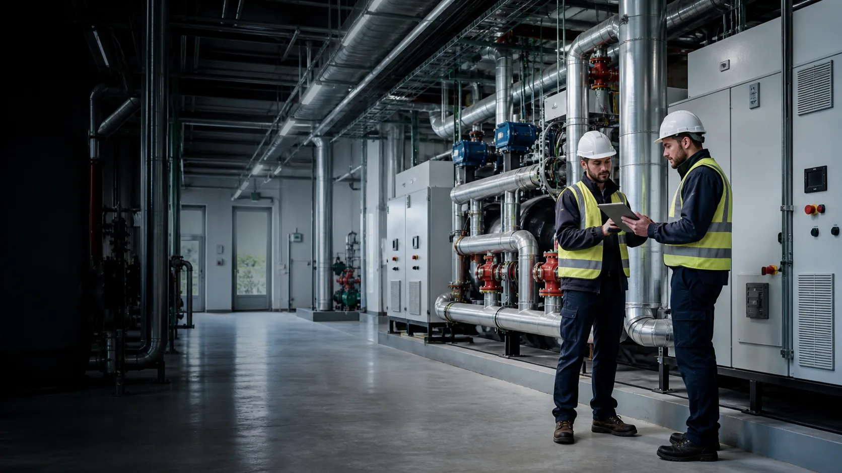 Ingenieros revisando instalaciones de climatización y control en un edificio público