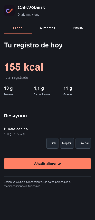 Cals2Gains con registro de alimentos y totales recalculados