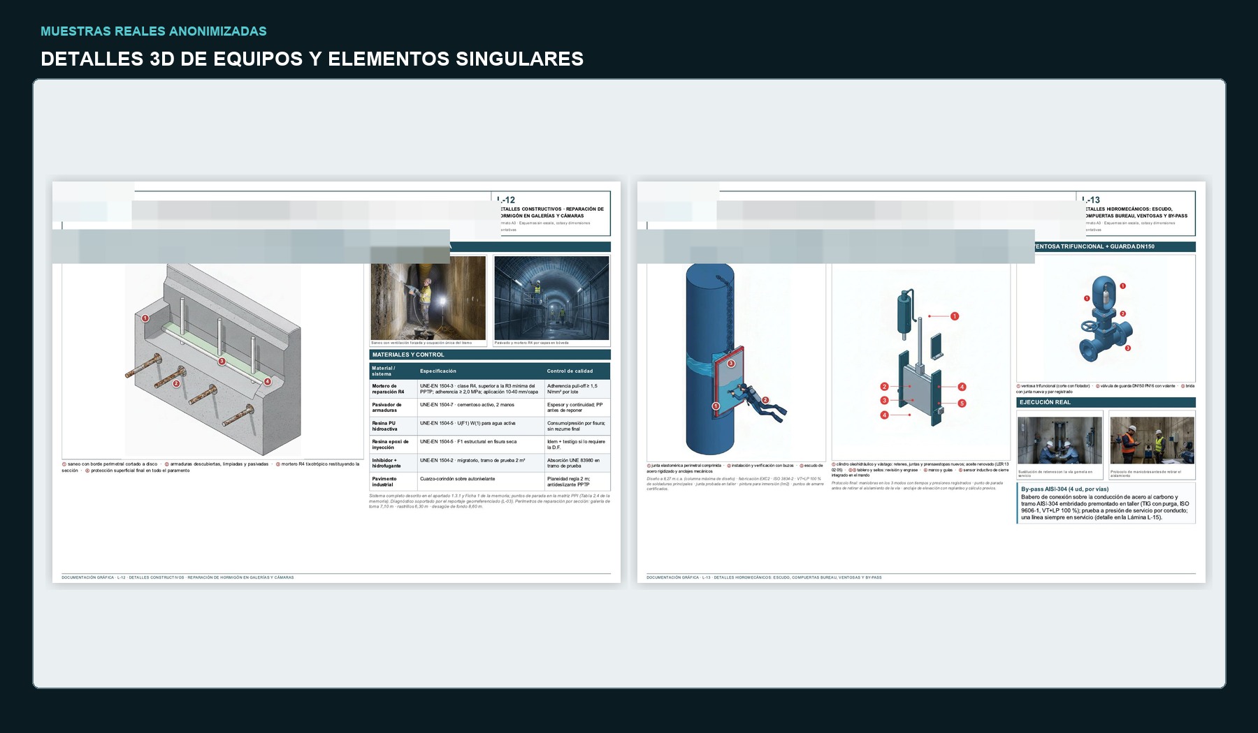 Detalles 3D de reparación de hormigón y equipos hidromecánicos