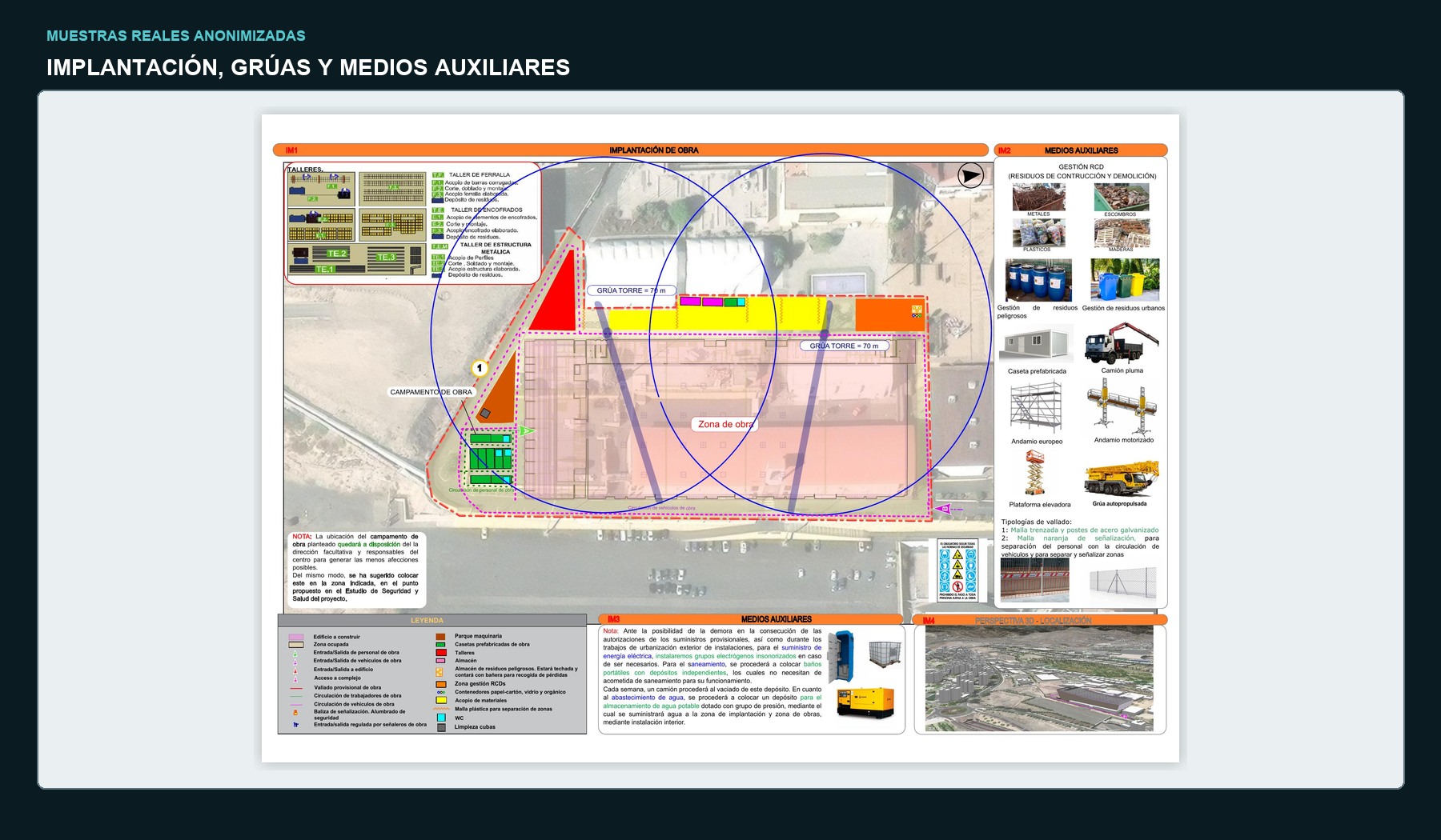 Implantación de obra de edificación con grúas, talleres, acopios y medios auxiliares