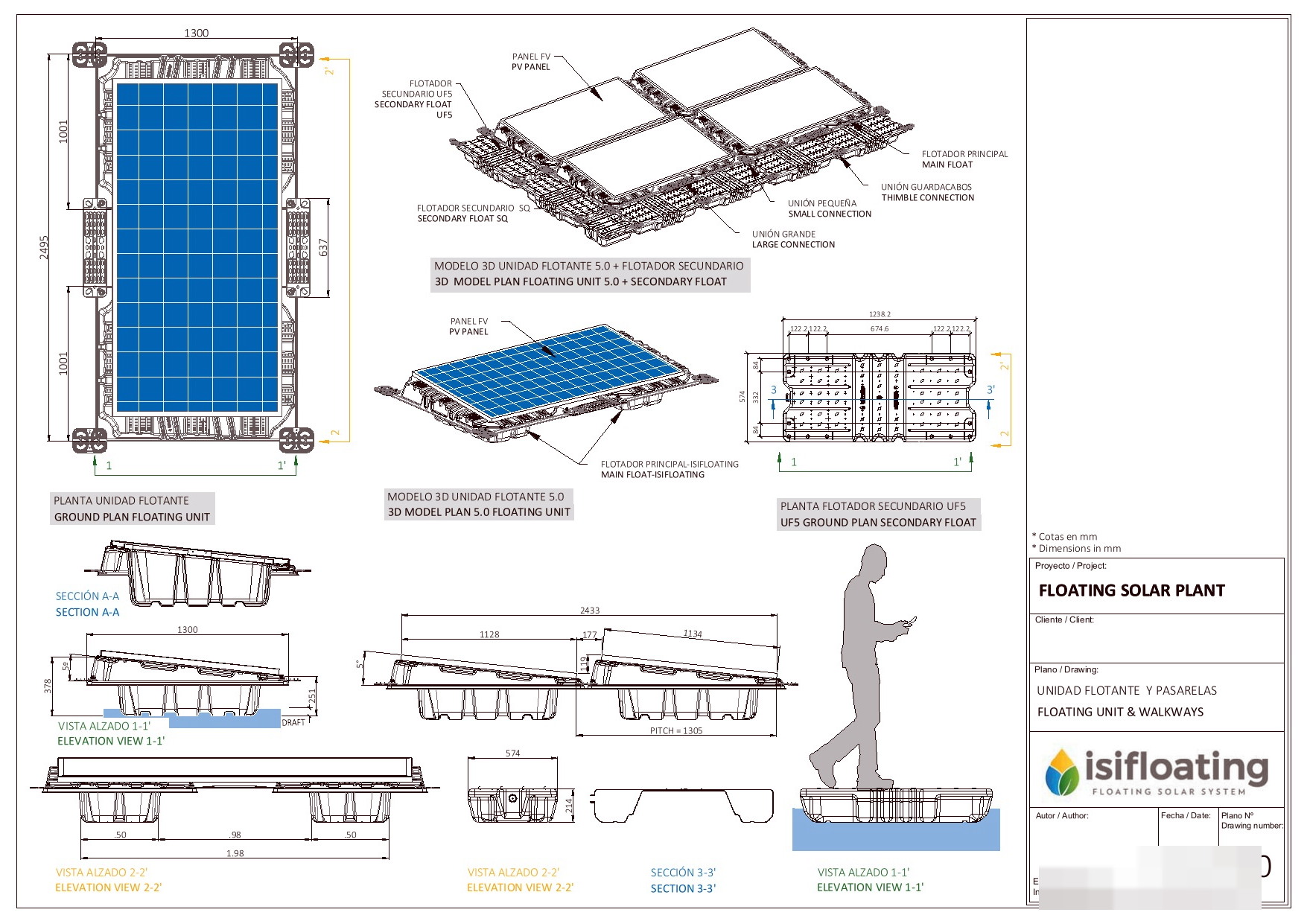 Plano técnico anonimizado de una unidad fotovoltaica flotante y sus pasarelas