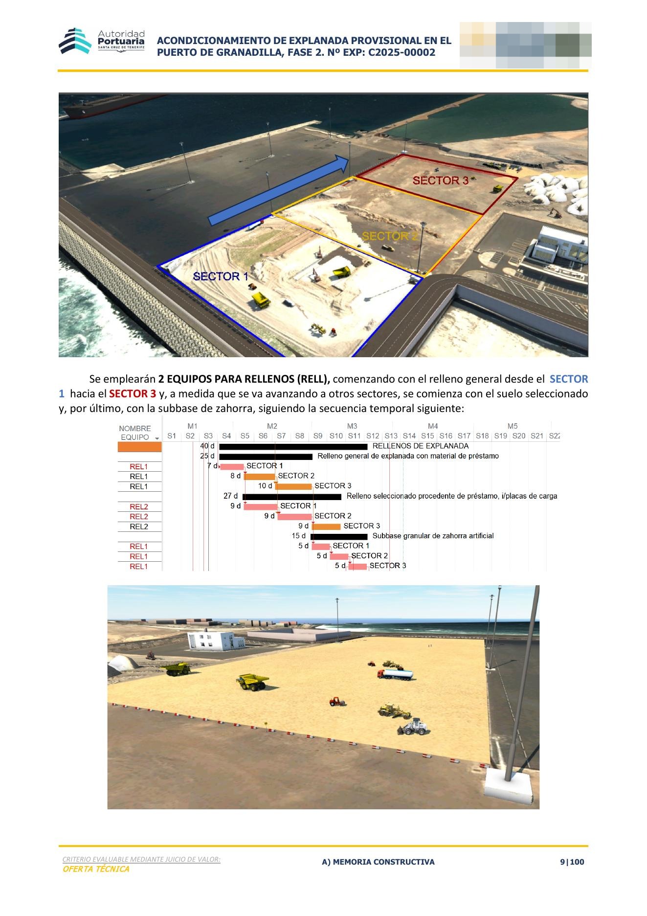 Equipos de relleno y organización de frentes en una explanada portuaria anonimizada