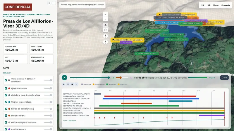 Visor web 4D de la presa: modelo del embalse sobre el terreno, capas de obra y Gantt sincronizado.