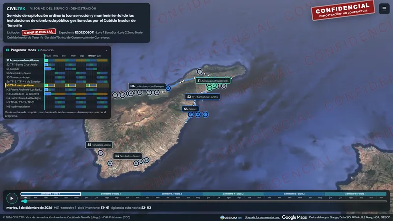 Visor 4D del servicio sobre el mapa de Tenerife, con el programa por zonas y la línea de tiempo por semestres.