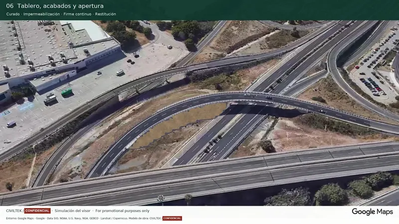 Visor 4D sobre la ciudad en 3D: estado final con el ramal ampliado y abierto al tráfico sobre la MA-20.